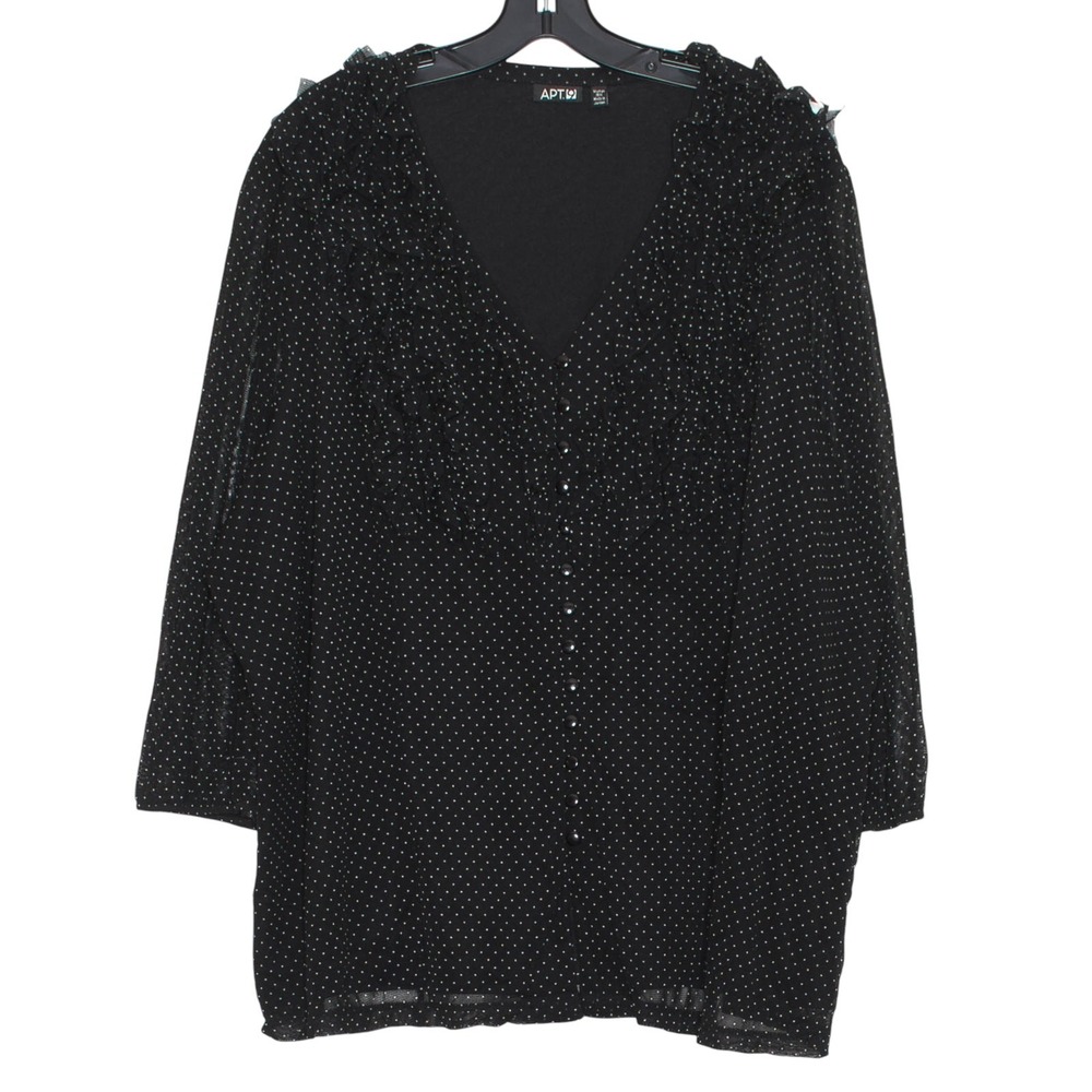 Apt 9 3/4 Sleeve Button Top Polka Dot Ruffle Minimalist Retro Black Plus Size 3X